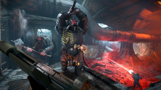 Warhammer 40k Darktide release date guide - Fatshark official screenshot showing a huge abhuman or Ogryn chaos cultist swinging a hammer at the player