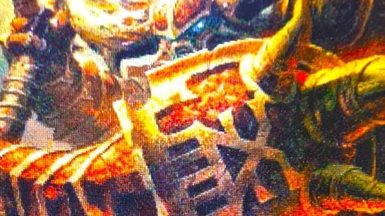 Warhammer 40k Khorne Chaos Space Marine cross-stitch seen up-close