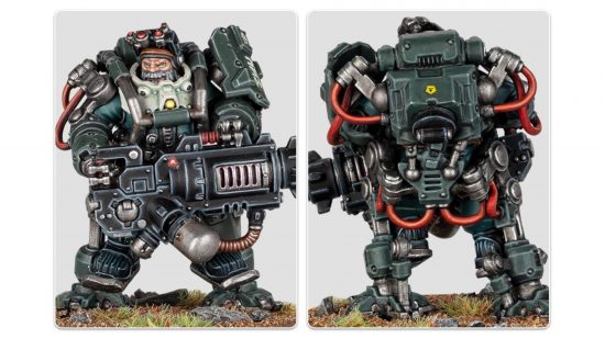 Warhammer 40k Leagues of Votann Squats Brokhyr Thunderkyn look like Fallout Brotherhood of Steel - Warhammer Community photo showing a Thunderkyn model front and back