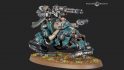 Warhammer 40k Leagues of Votann - two Squat riding a hovertrike with a cannon gun on the back