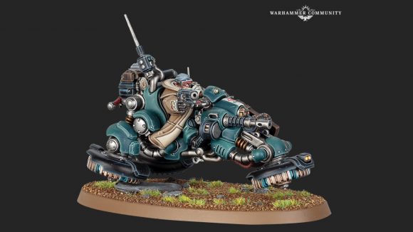 Warhammer 40k Leagues of Votann miniature showing one Squat riding a hovertrike