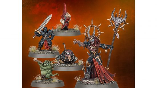 warhammer plus 40k - an age of sigmar chaos sorceress with capering familiars.
