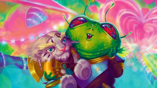 5 wacky items in MTG Unfinity - Wizards of the Coast art of a green alien holding a stuffed tiger