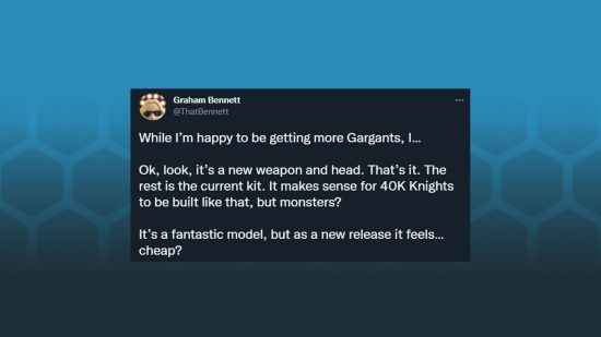 Age of Sigmar Sons of Behemat Beast Smasher Mega Gargant reveal - Twitter screenshot of a Warhammer fan's comment on the new beast smasher mega gargant model