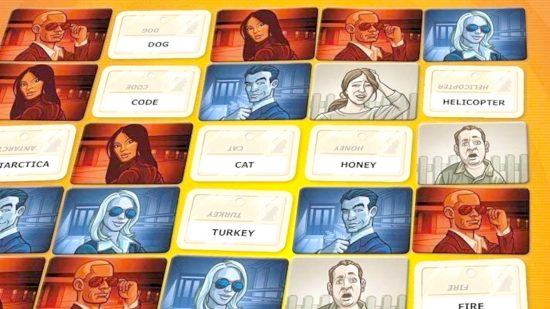 Board games for adults - publisher sales image for Codenames showing the various codeword cards