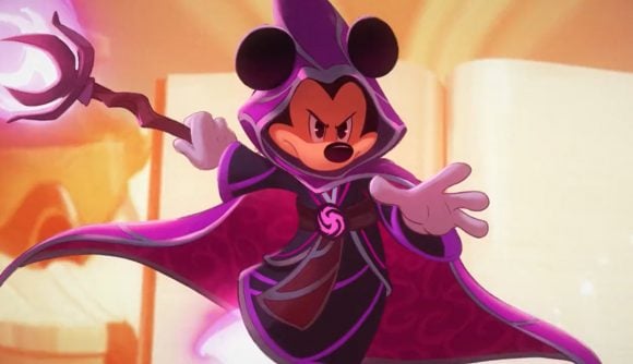 Disney Lorcana - a wizard version of mickey mouse, frowning.