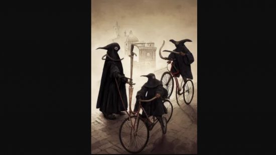 Dixit - three bird-like humanoids in black, two of them riding bicycles.
