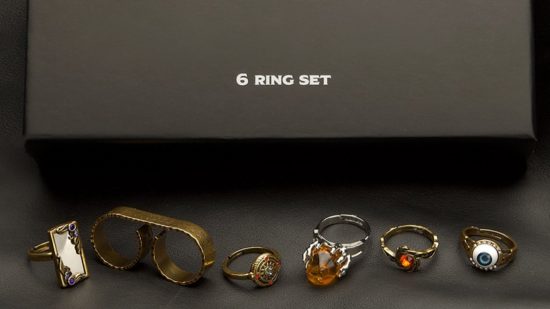 DnD gamestop rings lined up in a row.