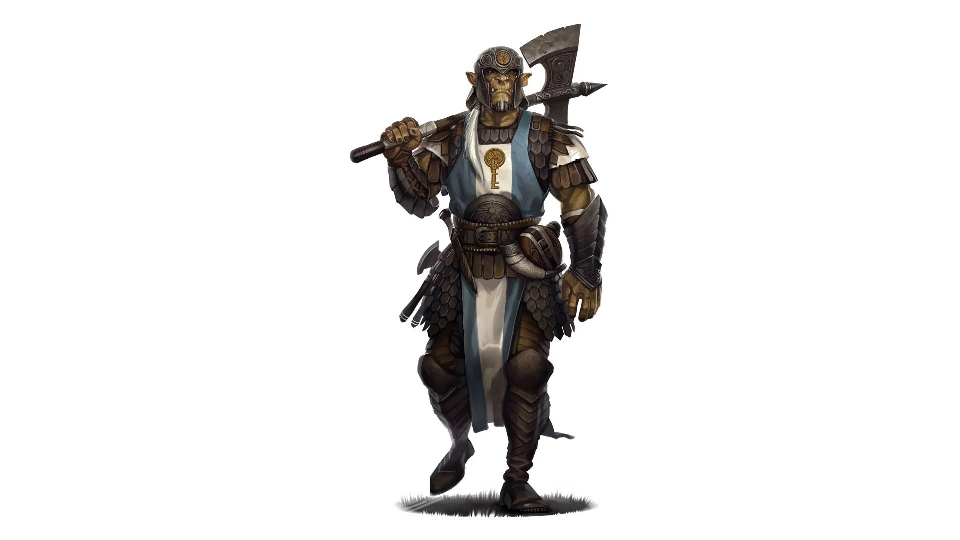 DnD Half-orc 5e Race Guide - Wizards of the Coast artwork showing a half-orc cleric with an ax