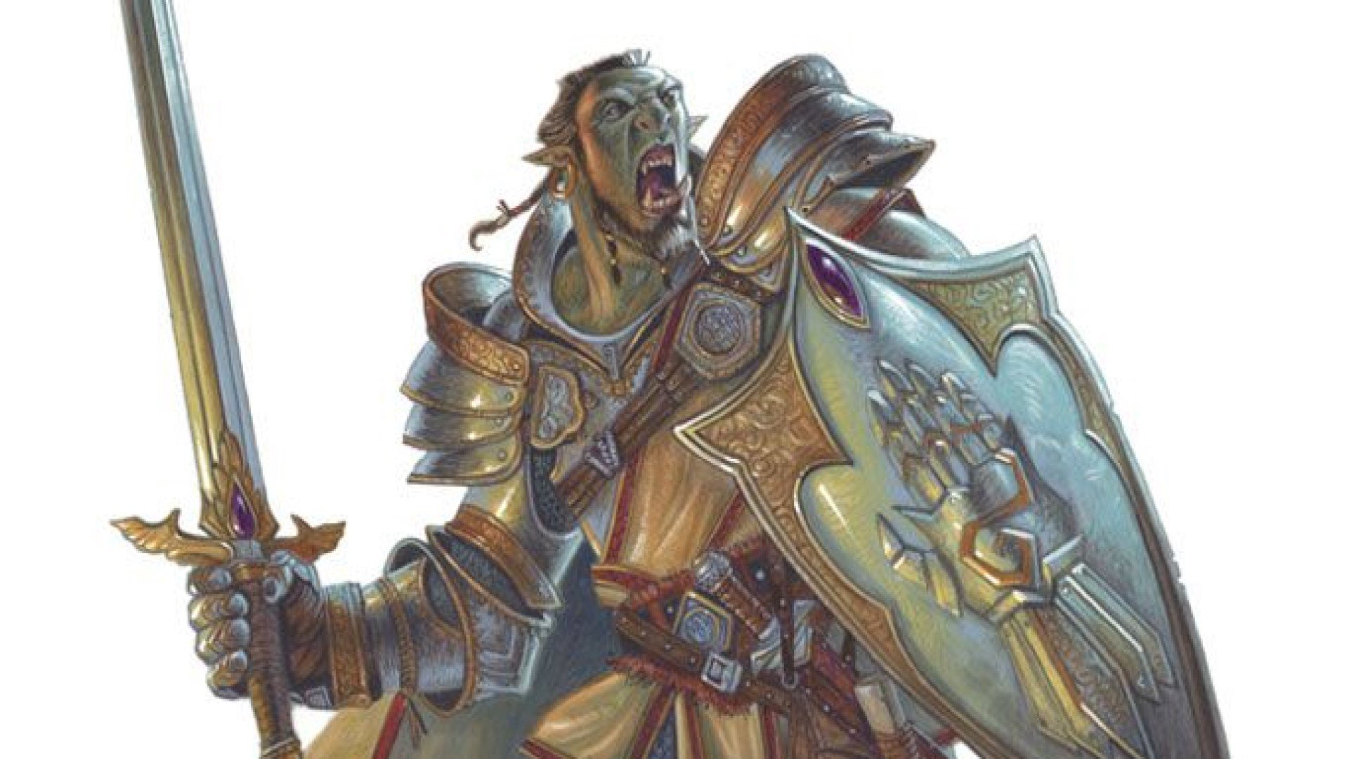 DnD Half-orc 5th Race Guide - Wizards of the Coast artwork showing a half-orc paladin with sword and shield