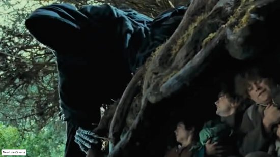 DnD a screenshot of Lord of the Rings, with a Nazgul leaning down to try and find the hobbits