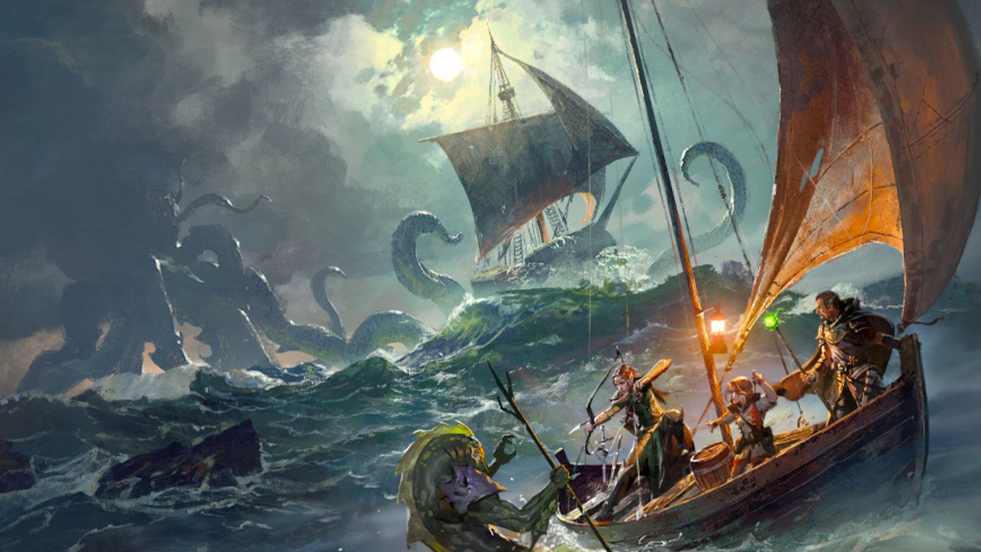 DnD one shots guide - Wizards of the Coast artwork from Ghosts of Saltmarsh showing a ship rocked by a storm, with adventurers battling a sea monster