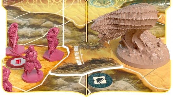 Dune War for Arrakis minis news - CMON Games Kickstarter photo showing unpainted minis of Harkonnen troopers and a sand worm