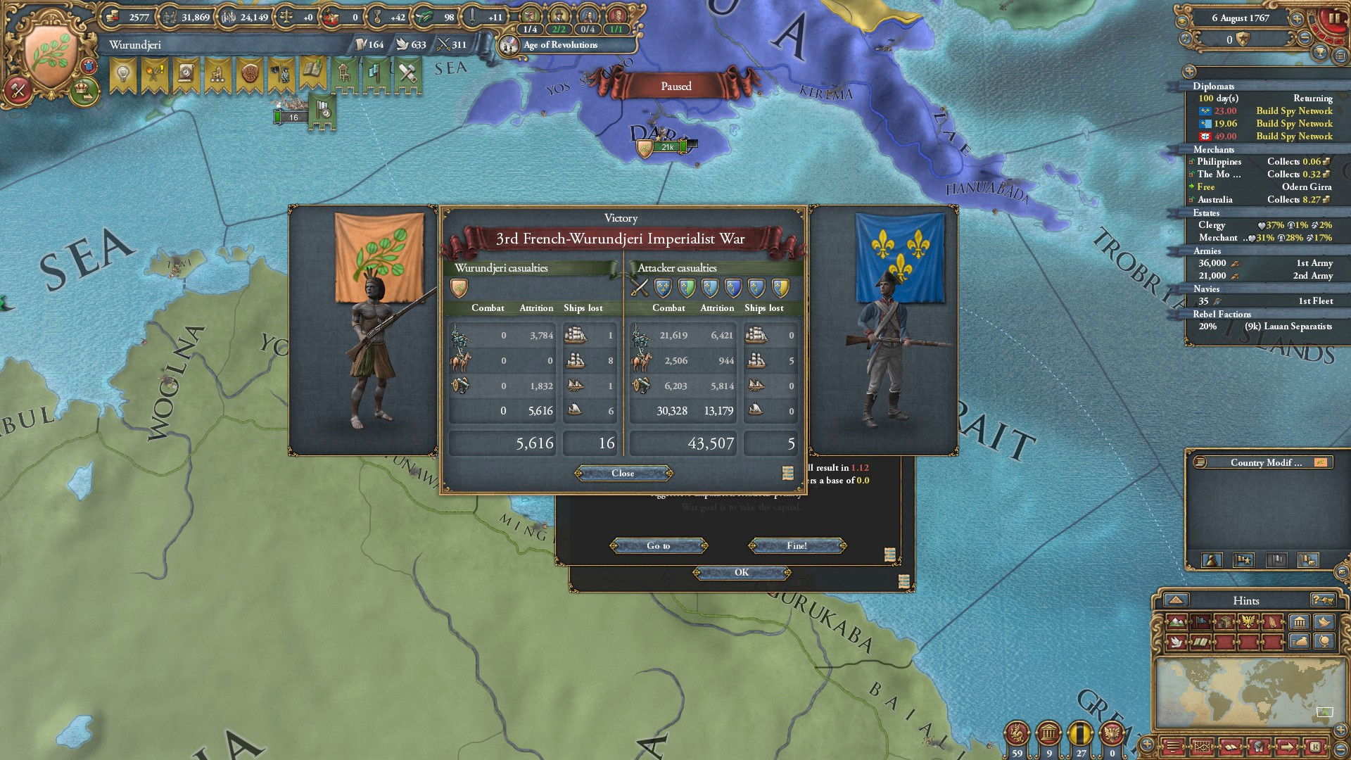 The best Europa Universalis 4 achievements - EU4 screenshot showing a post battle screen of Australia versus France