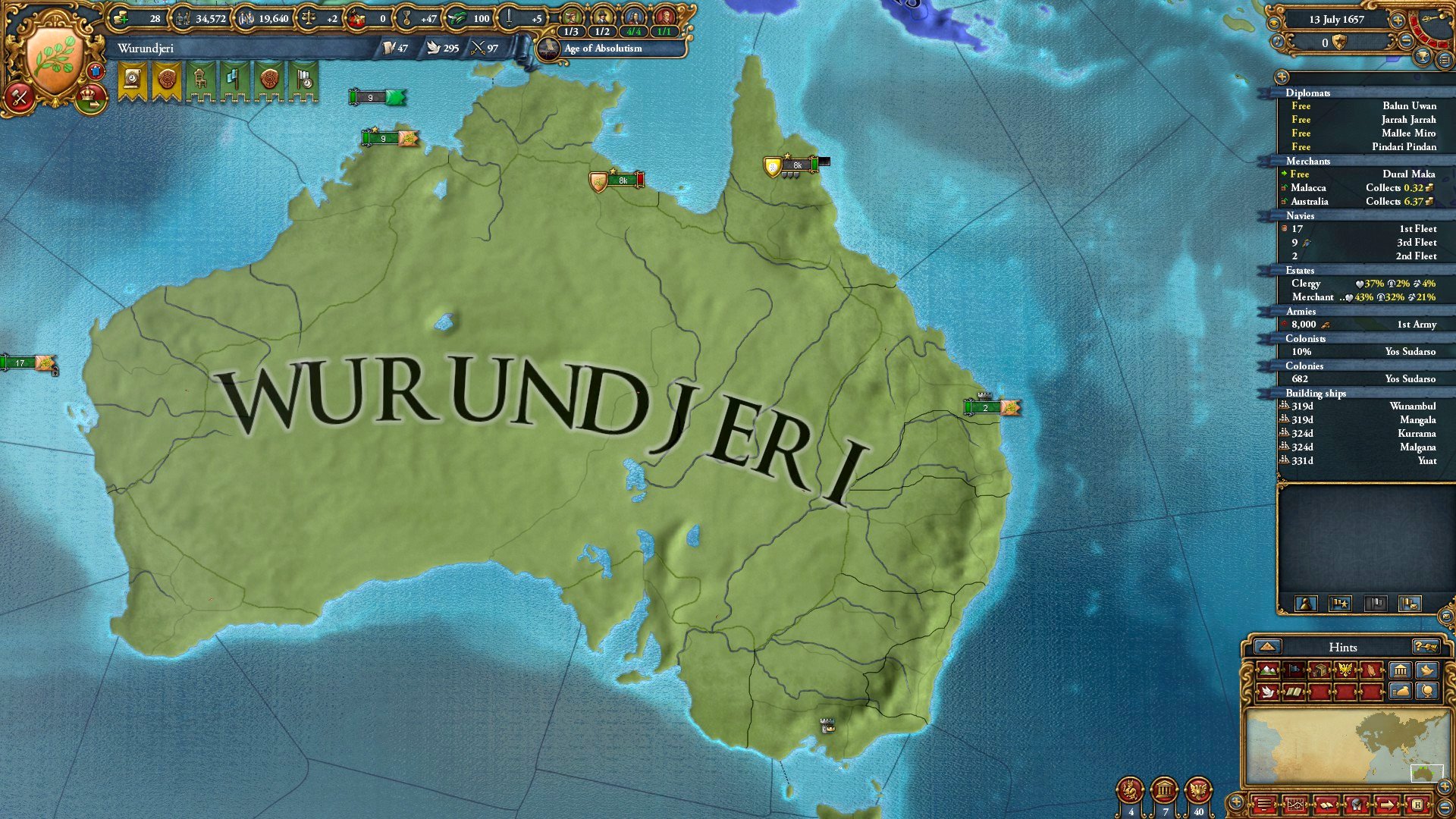 The best Europa Universalis 4 achievements - EU4 screenshot showing the map of a united Australia