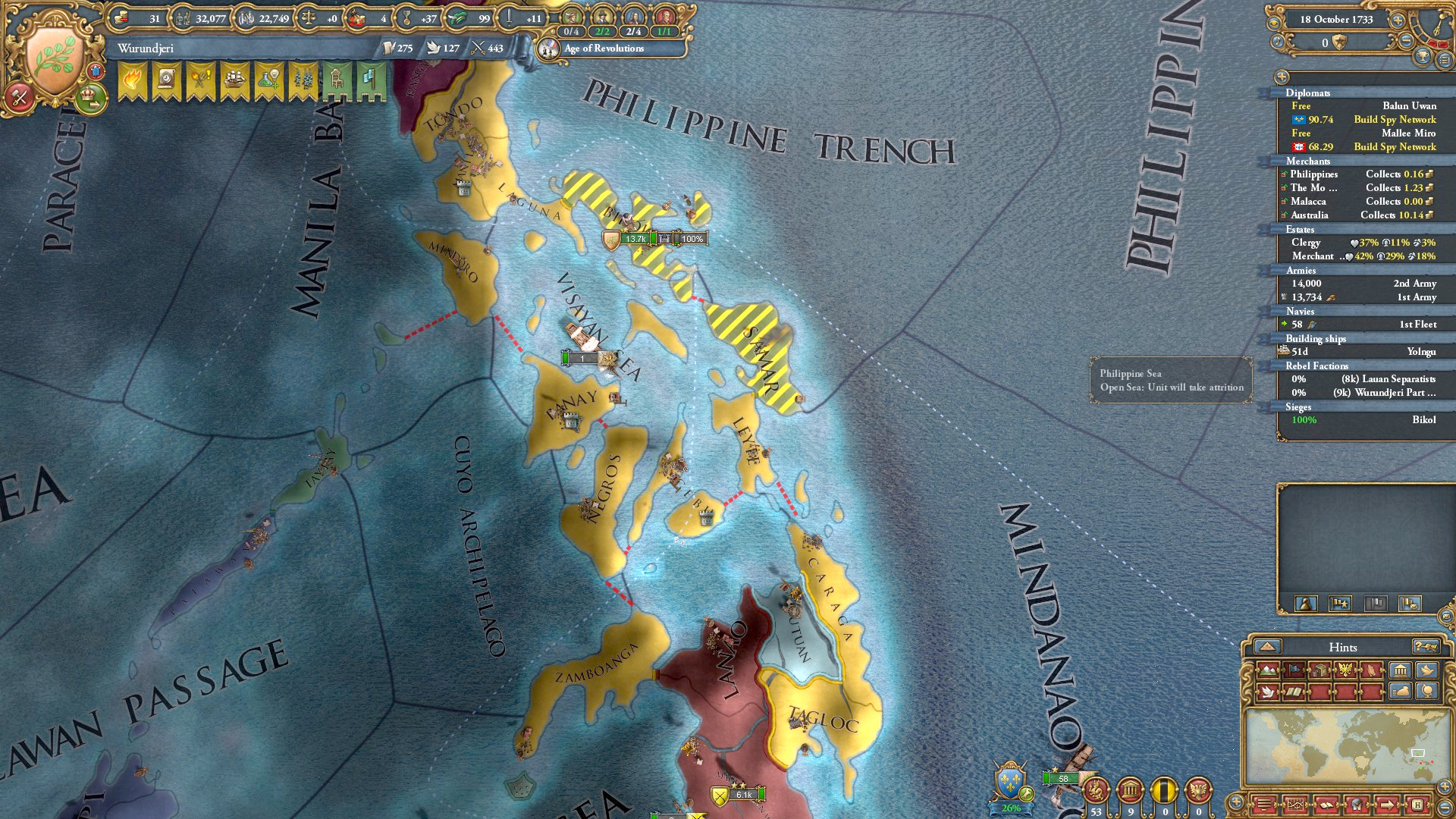 The best Europa Universalis 4 achievements - EU4 screenshot showing the in game map of the philppines