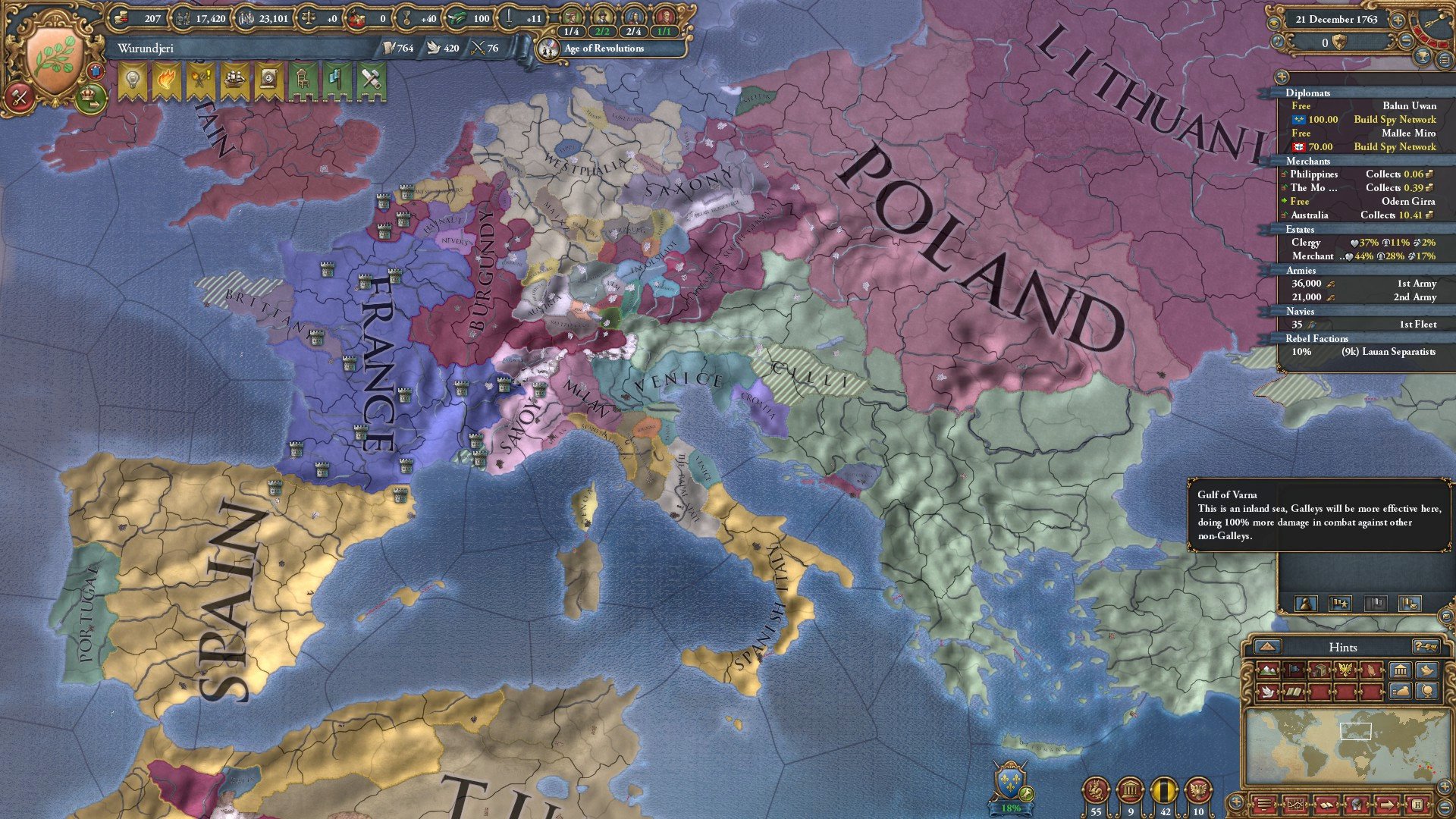 The best Europa Universalis 4 achievements - EU4 screenshot showing the in game map of Europe
