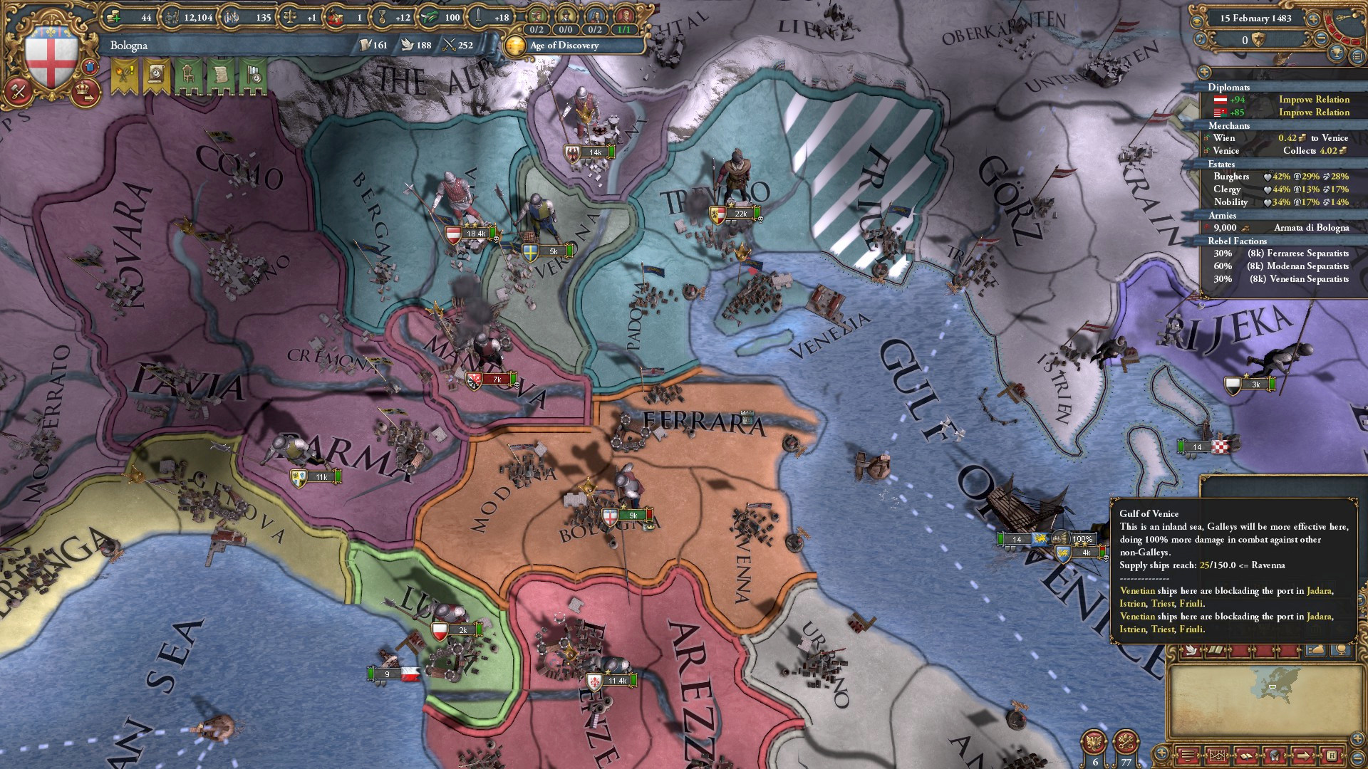 The best Europa Universalis 4 achievements - EU4 screenshot showing an in game map of Italy