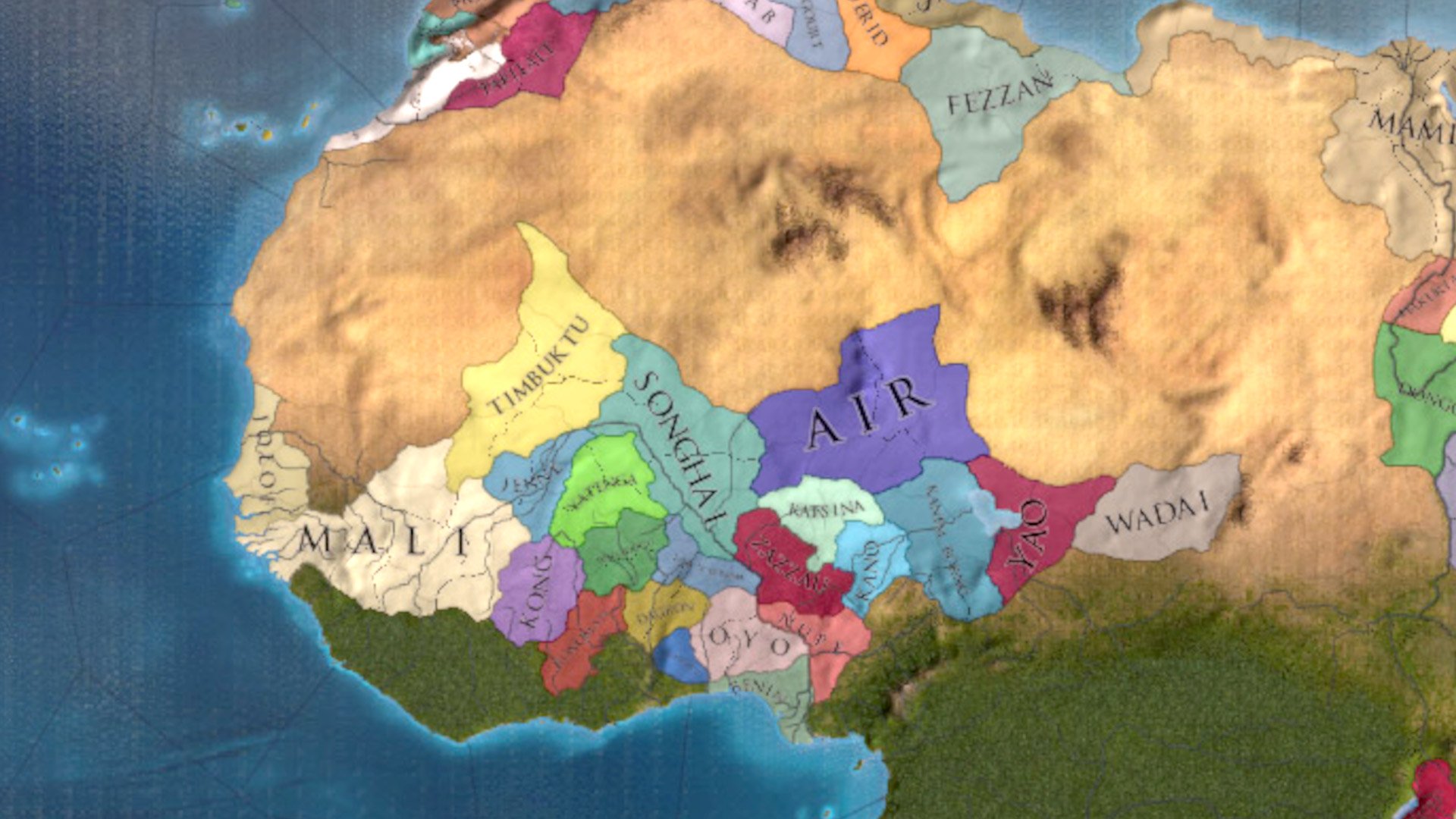 The best Europa Universalis 4 achievements - EU4 screenshot showing the in game map of Africa including Songhai