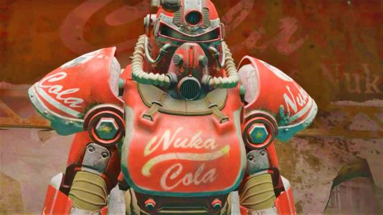 Fallout 4 skirmish board game announced - Bethesda trailer image of a Nuka Cola branded power suit from Fallout 4
