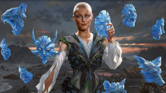Magic the Gathering: A bald woman surrounded by floating blue masks.