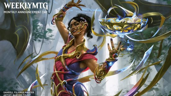 Magic the Gathering The Brothers' War release date the planeswalker Saheeli crafting a metal urn