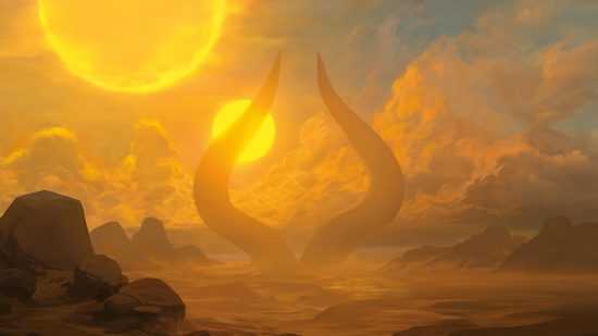 Magic the Gathering - a desert with a monument in the shape of the horns of the dragon Nicol Bolas
