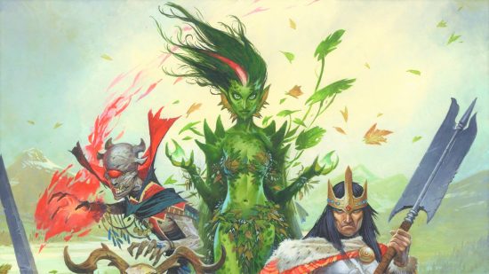 Pathfinder Kingmaker - a dryad, an undead cyclops, and a king with a halberd, all looking imposing.