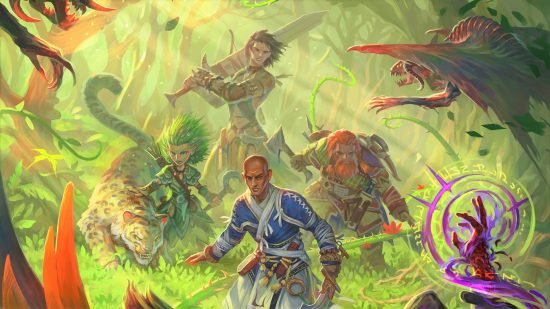 Pathfinder Kingmaker - a group of adventurers fighting their way through a jungle.