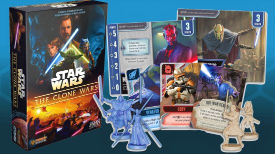Star Wars The Clone Wars board game box and characters (photos from Asmodee and Z-Man Games)
