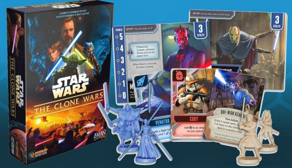 Star Wars The Clone Wars board game box and characters (photos from Asmodee and Z-Man Games)