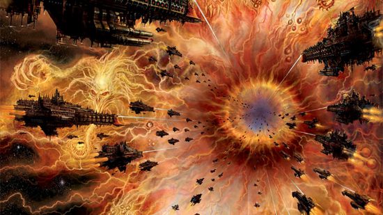 Warhammer 40k artwork showing imperial ships in a battle at the eye of terror