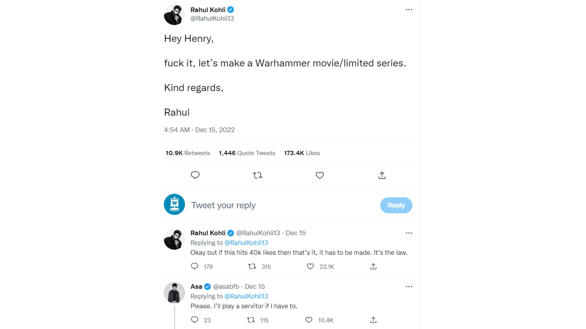 Warhammer 40k Henry Cavill - a tweet from Rahul Kohli