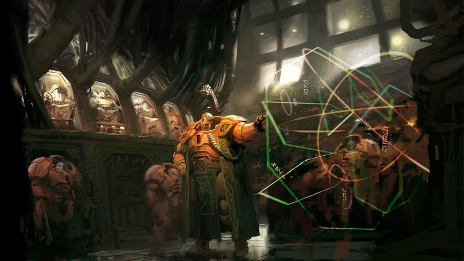 Warhammer 40k Leagues of Votann guide - Games Workshop artwork showing a Kahl of the Kin interfacing with a hologram