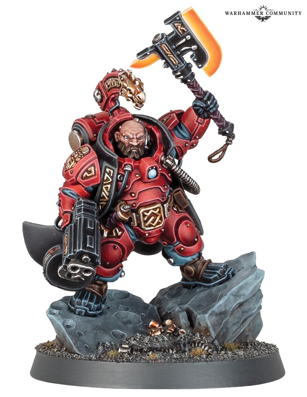 Warhammer 40k Leagues of Votann guide - Games Workshop photo showing the Kahl model in Ymyr red armour