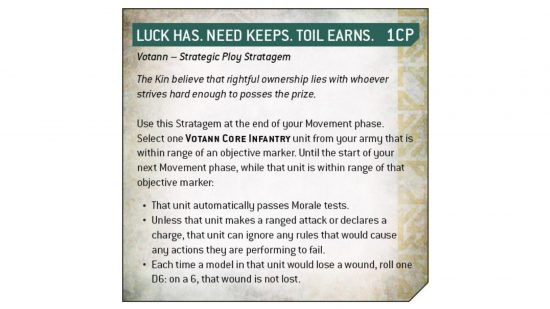 Warhammer 40k Leagues of Votann Stratagems teaser - 'Luck Has. Need Keeps. Toil Earns.' rules text from Games Workshop