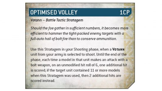 Warhammer 40k Leagues of Votann Stratagems teaser- 'Optimised Volley' rules text from Games Workshop