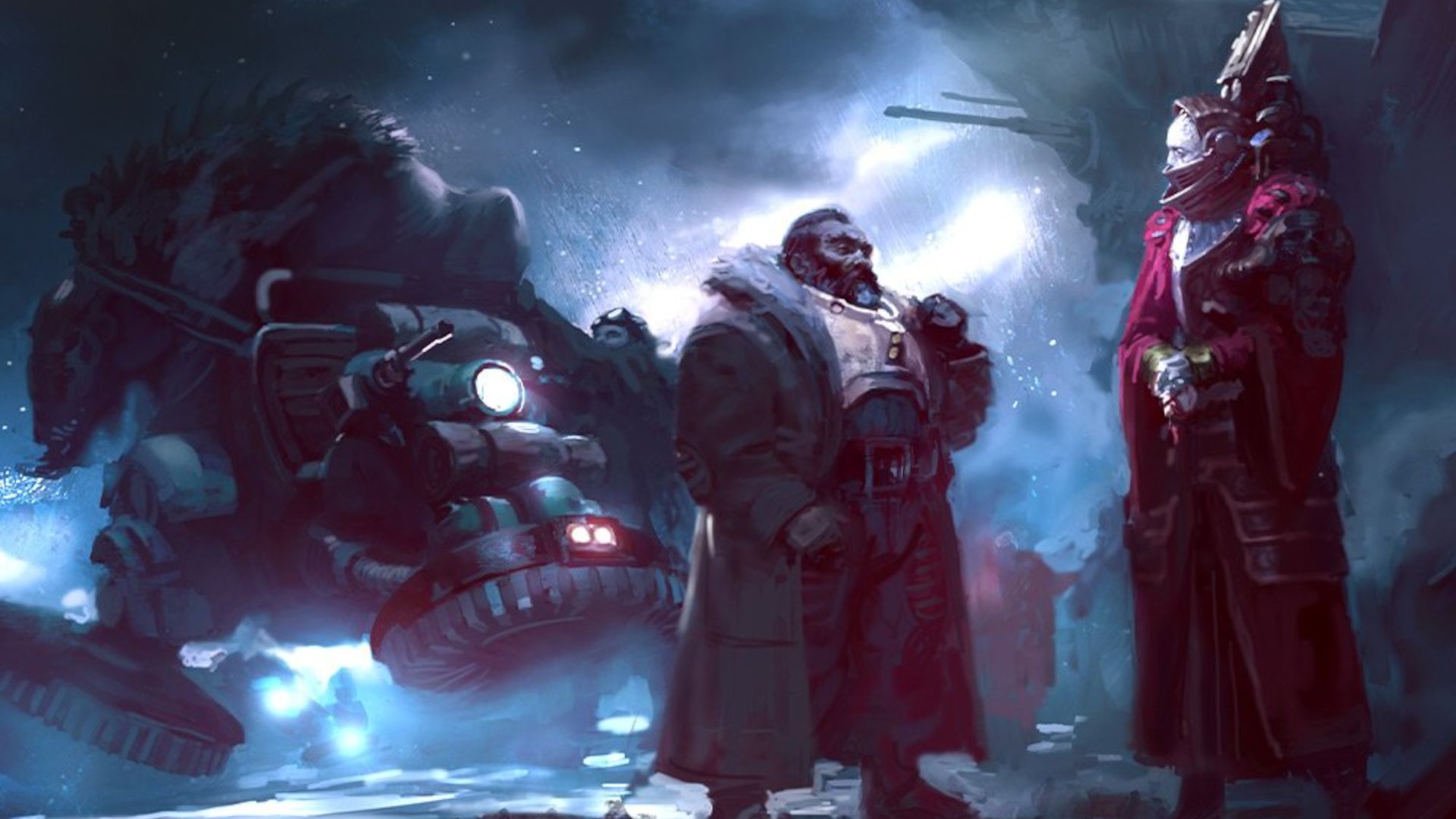 Warhammer 40k Leagues of Votann guide - Games Workshop artwork showing a Hernkyn Pioneer speaking with an unknown xenos