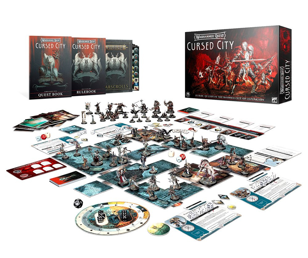 Warhammer Quest Cursed City expansion Nightwars relaunch - Games Workshop photo showing the box and contents from Cursed City board game