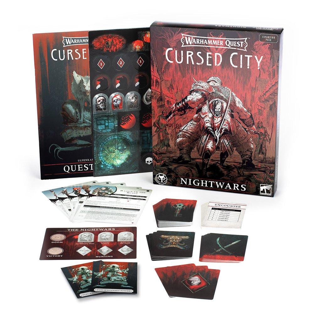 Warhammer Quest Cursed City expansion Nightwars relaunch - Games Workshop photo showing the box and contents for the Cursed City Nightwars expansion