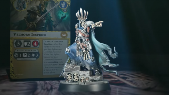 Warhammer Underworlds Gnarlwood season box reveal - Games Workshop photo showing the model and card for Velmorn, from the Gnarlwood box