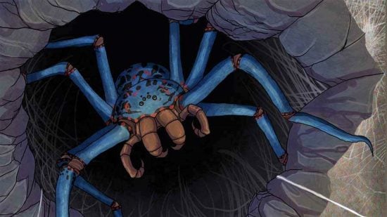 DnD Giant Spider 5e - a gigantic blue spider crawling down from the roof of a cave.