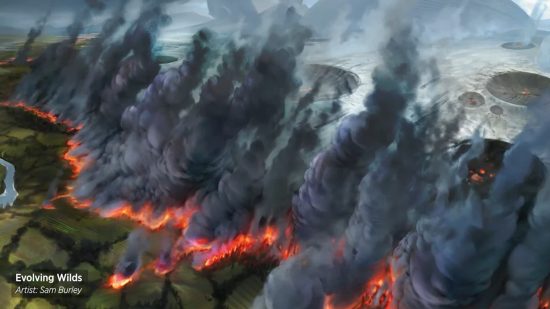 MTG The Brothers' War artwork showing fields being consumed by war