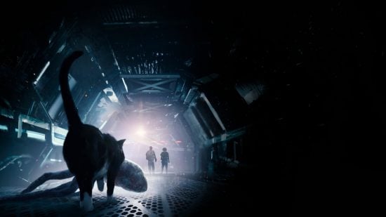 Alien RPG - a cat carries a facehugger down a dark, torchlit spaceship hallway