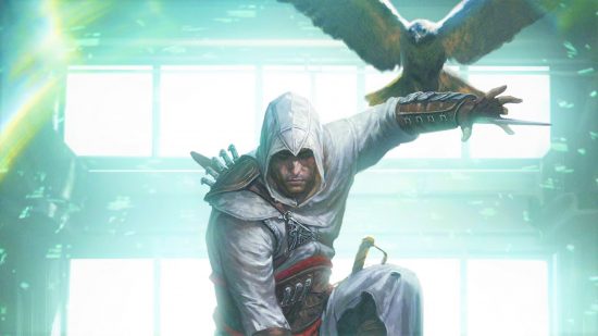 Assassin's Creed robed assassin character perched on a plinth with an eagle on one wrist.