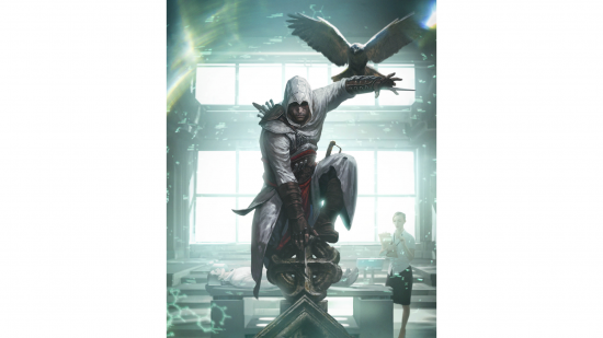 zoomed-out shot of Assassin's Creed robed assassin character perched on a plinth with an eagle on one wrist, showing a modern day lab behind him.