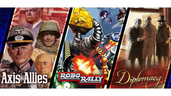 Axis and Allies, Diplomacy and Robo Rally board game box art. 