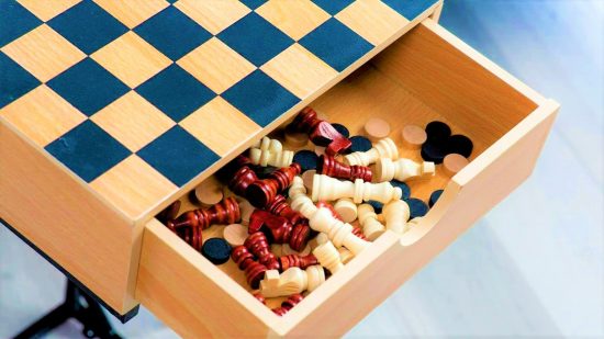 Chess tables - product photo of open drawer showing chess pieces