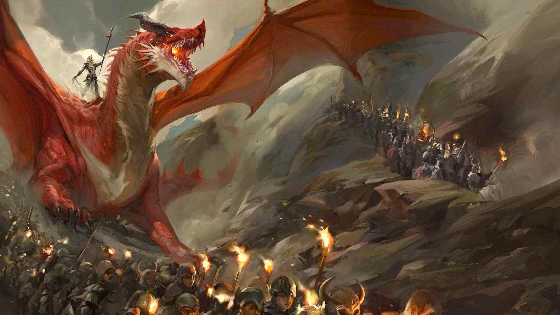DND 6e release date and One D&D news - Wizards of the Coast artwork from Dragonlance showing a dragon and an attacking army