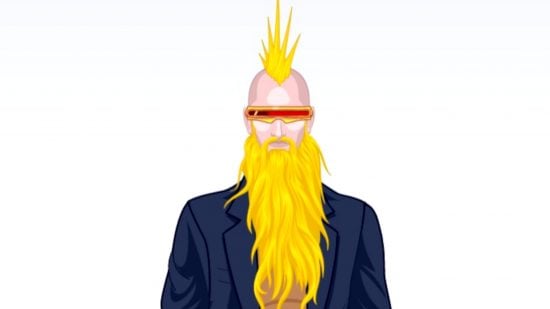 DnD character creator guide - Charactercreator.org avatar screensot showing a character in a black suit with brightly coloured mohican, long beard, and a sci fi visor